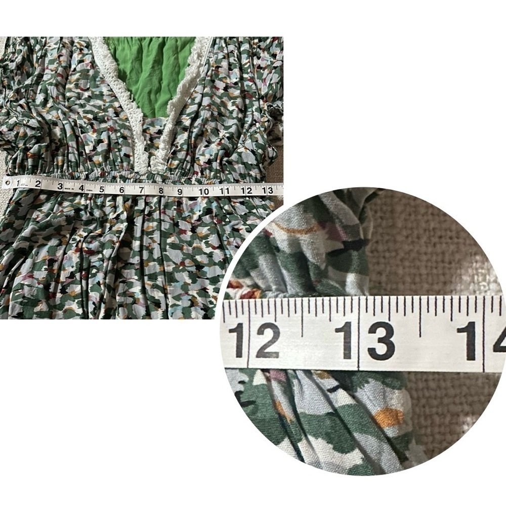 KORI Green Multi Color V-Neck Hi-Li Dress Lined Fringe Lace Flutter Boho Wmn S - Picture 12 of 14